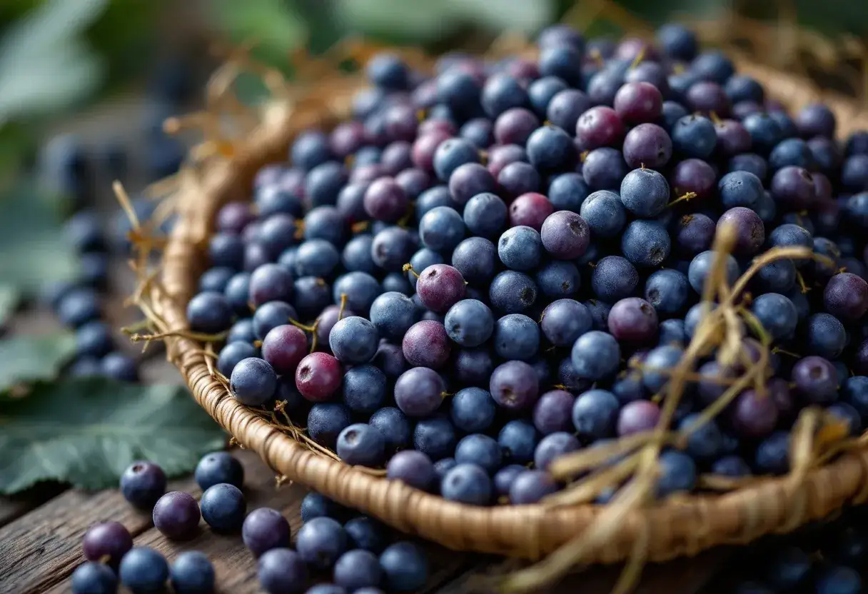 Freshly harvested açaí berries heaped in a woven palm-fibre basket