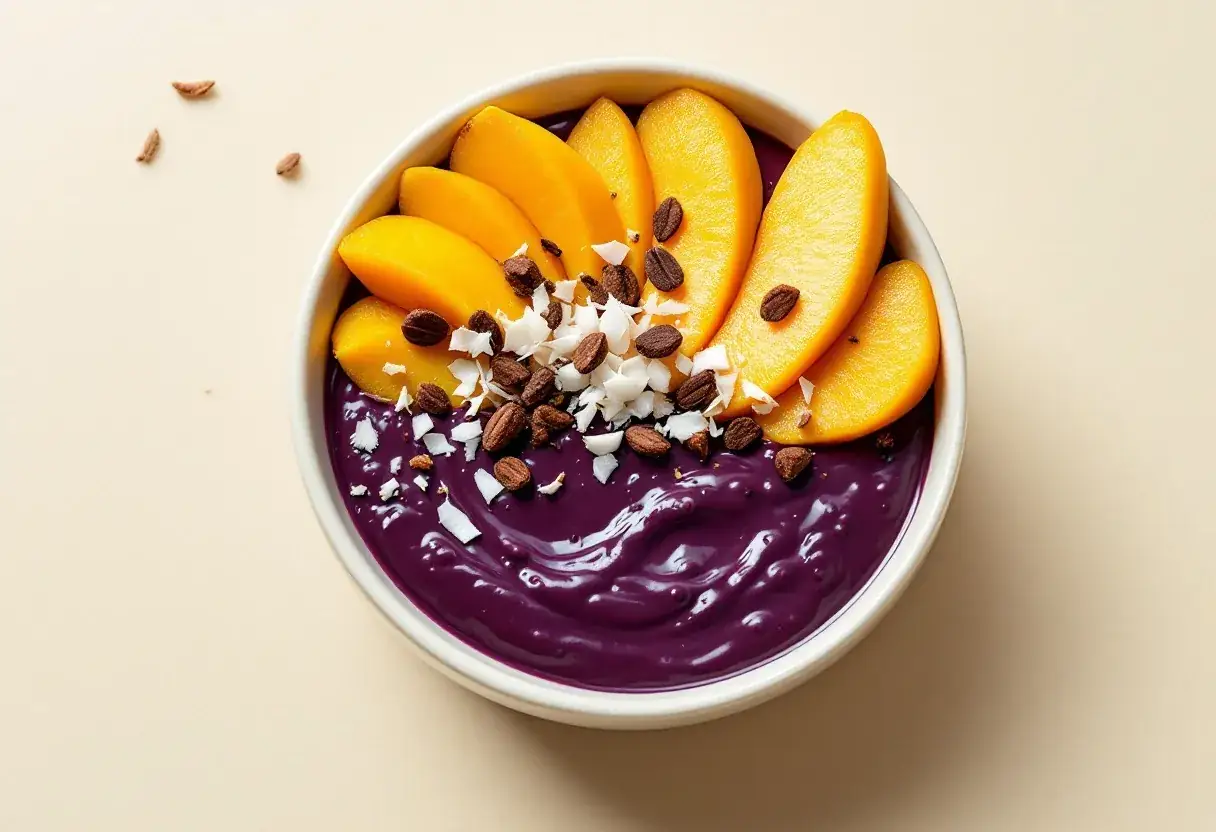 Mango and coconut açaí bowl from above
