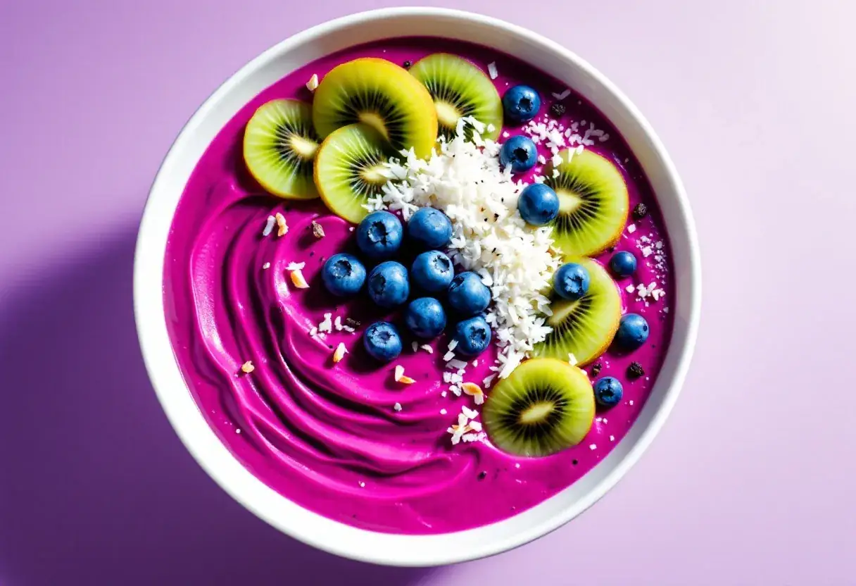Bright pink pitaya bowl with kiwi and blueberries