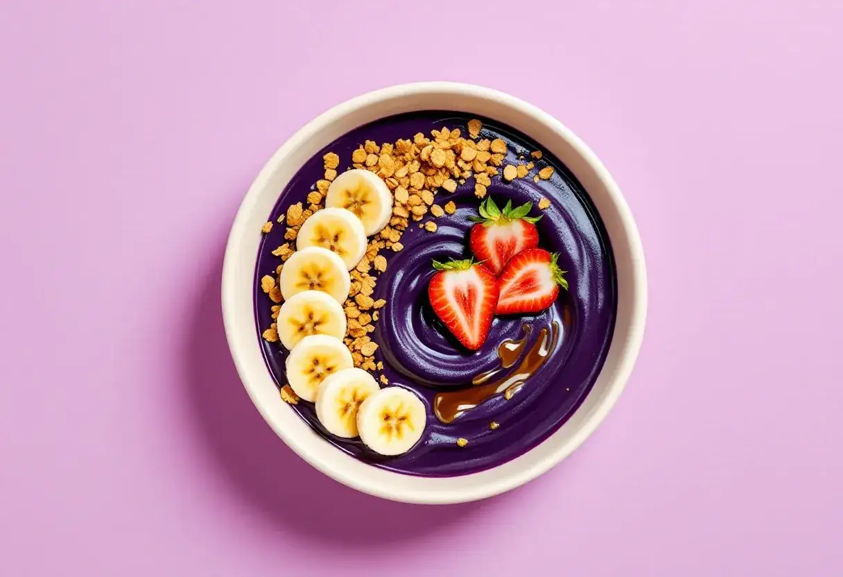 Top-down açaí bowl with a spiral of banana coins, granola and strawberry halves