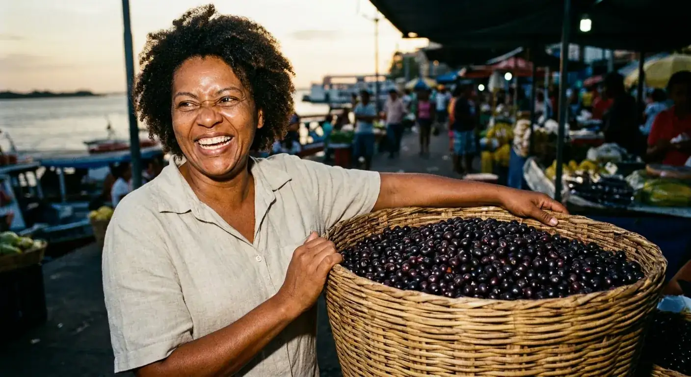 Founder Marina Sales laughing beside a basket of açaí at a riverside market
