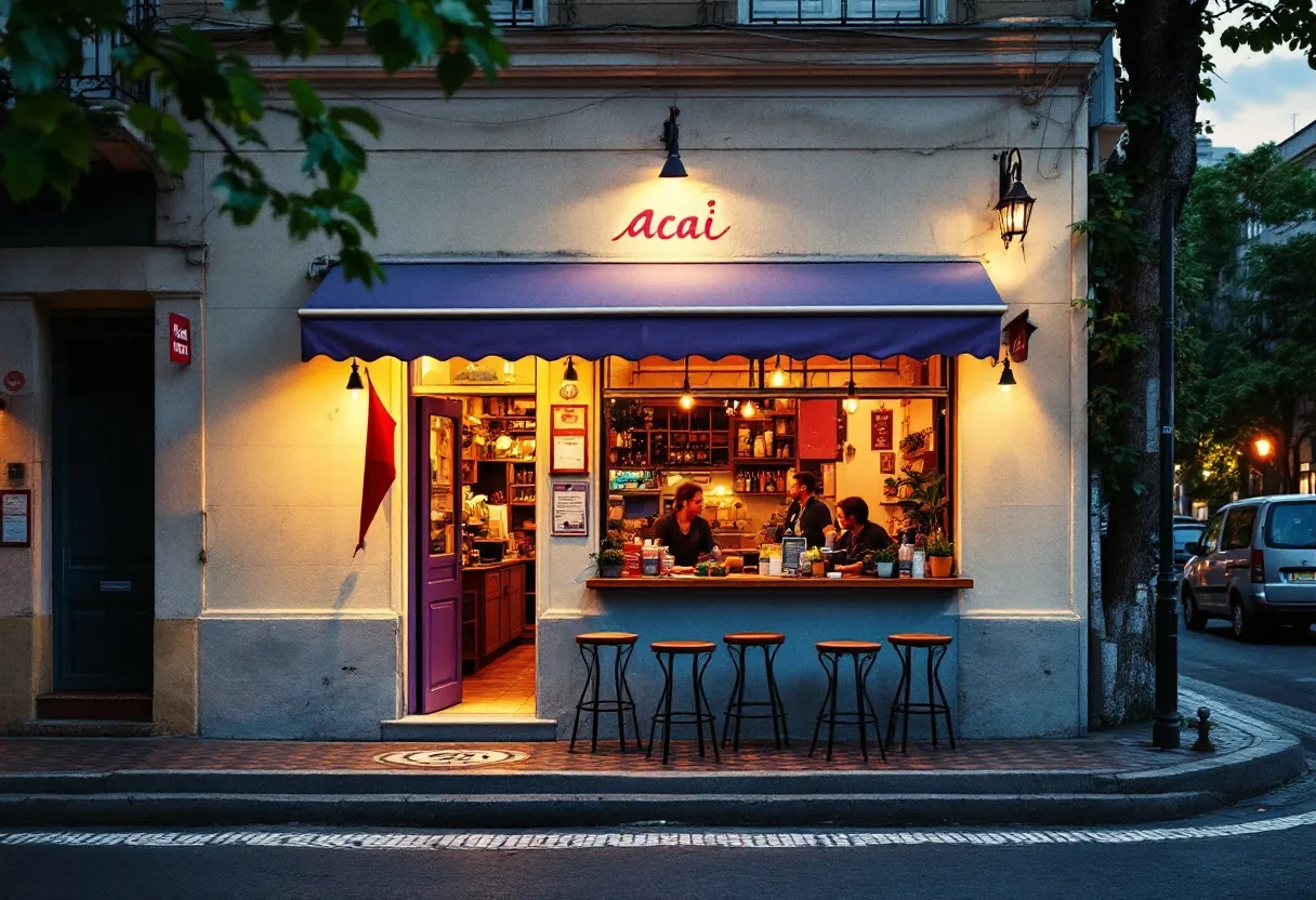The corner shop at dusk, warm light in the doorway and the pennant flying