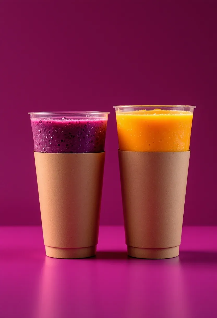 Two takeaway smoothies in kraft sleeves, açaí purple and mango orange