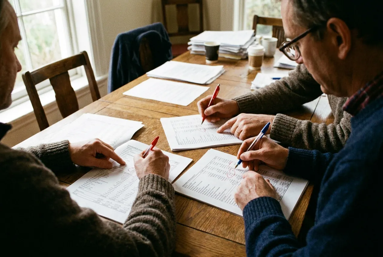 Three Ledger & Lane accountants annotating a printed management statement with red and blue pens