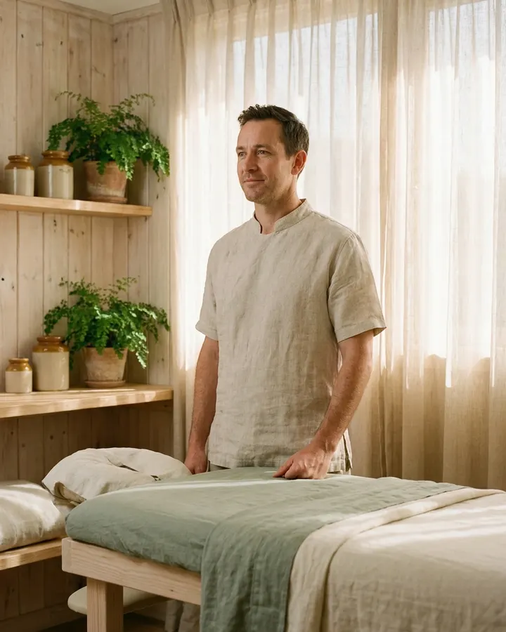 Chiropractor Dr. Theo Vance beside a linen-dressed treatment table in a pale timber studio