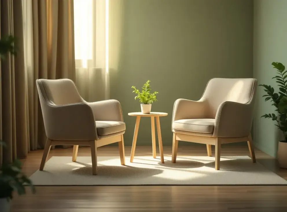 Quiet consult room with two linen armchairs facing each other across a low oak table