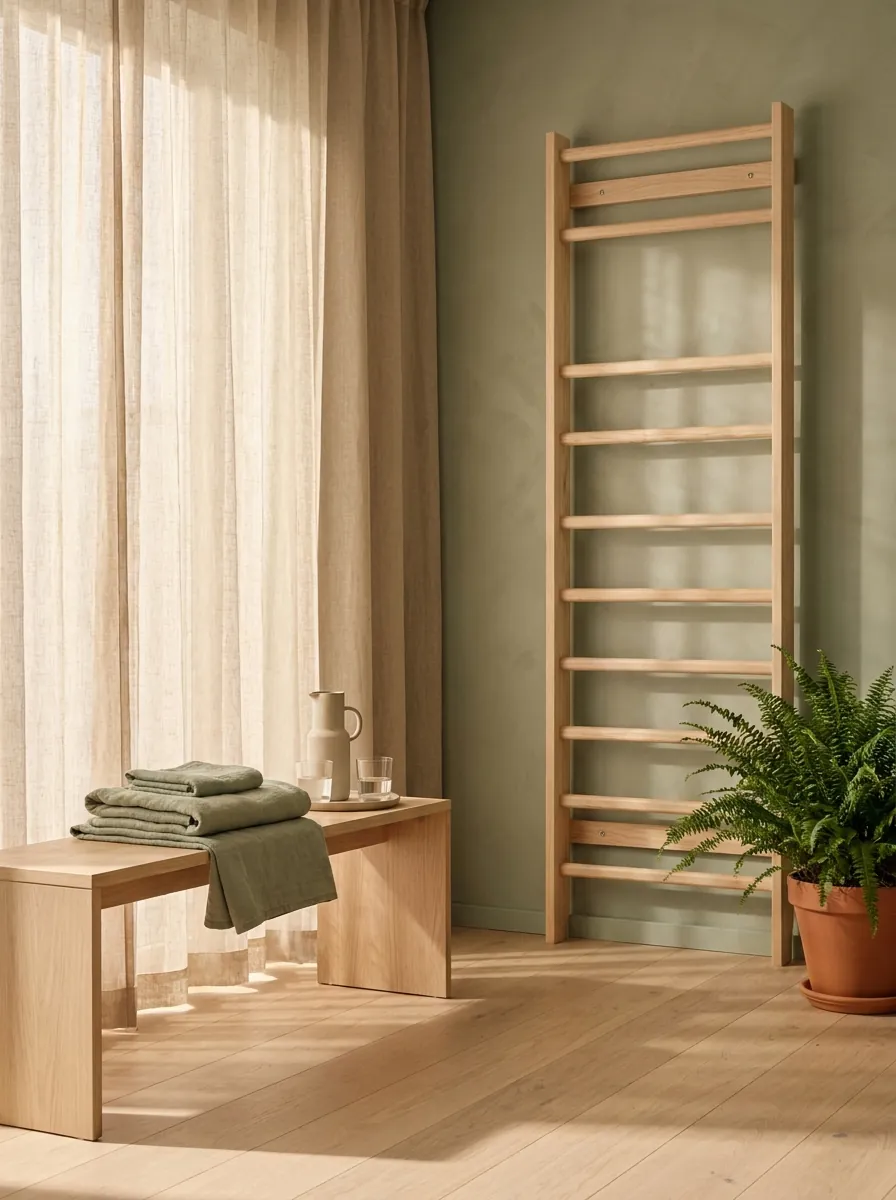 Calm physiotherapy studio corner with timber wall bars, folded sage linen towels on an oak bench and soft morning light