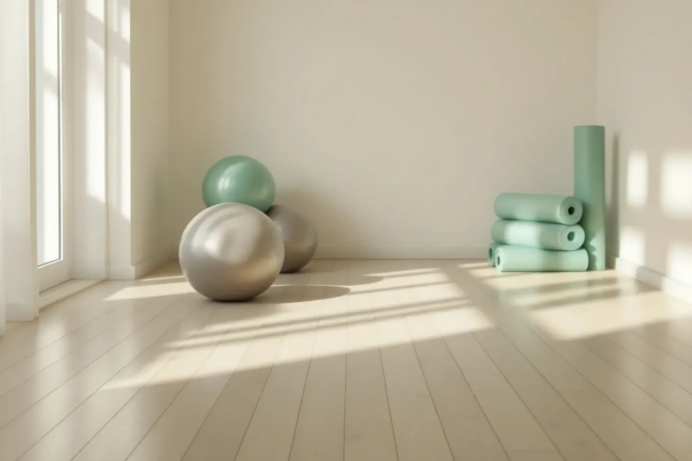 Rehabilitation movement studio with pale timber floor, sage exercise mats and stability balls in morning light