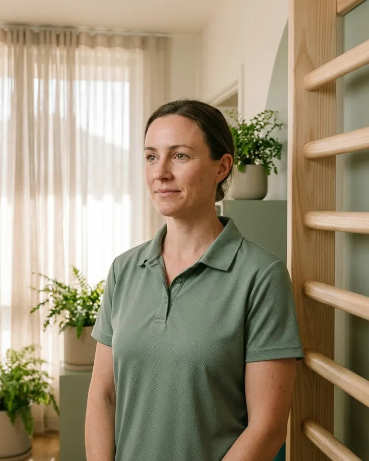 Lead physiotherapist Mara Ellison standing at the timber wall bars of the Clearwater movement studio, warm daylight