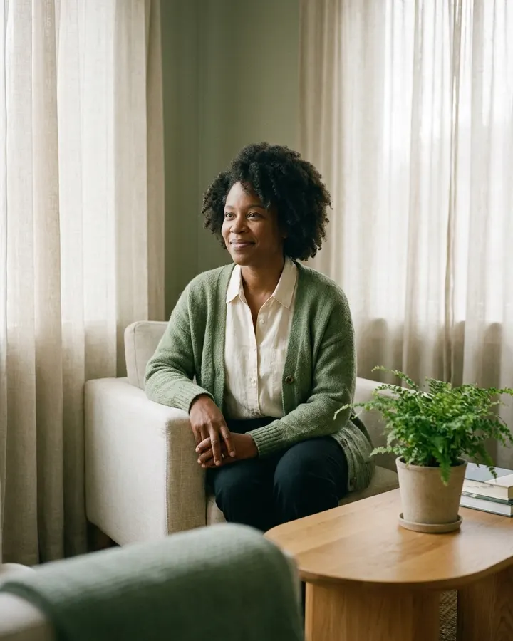 Clinical psychologist Dr. Amara Osei seated in a linen armchair in the Clearwater consult room, soft window light
