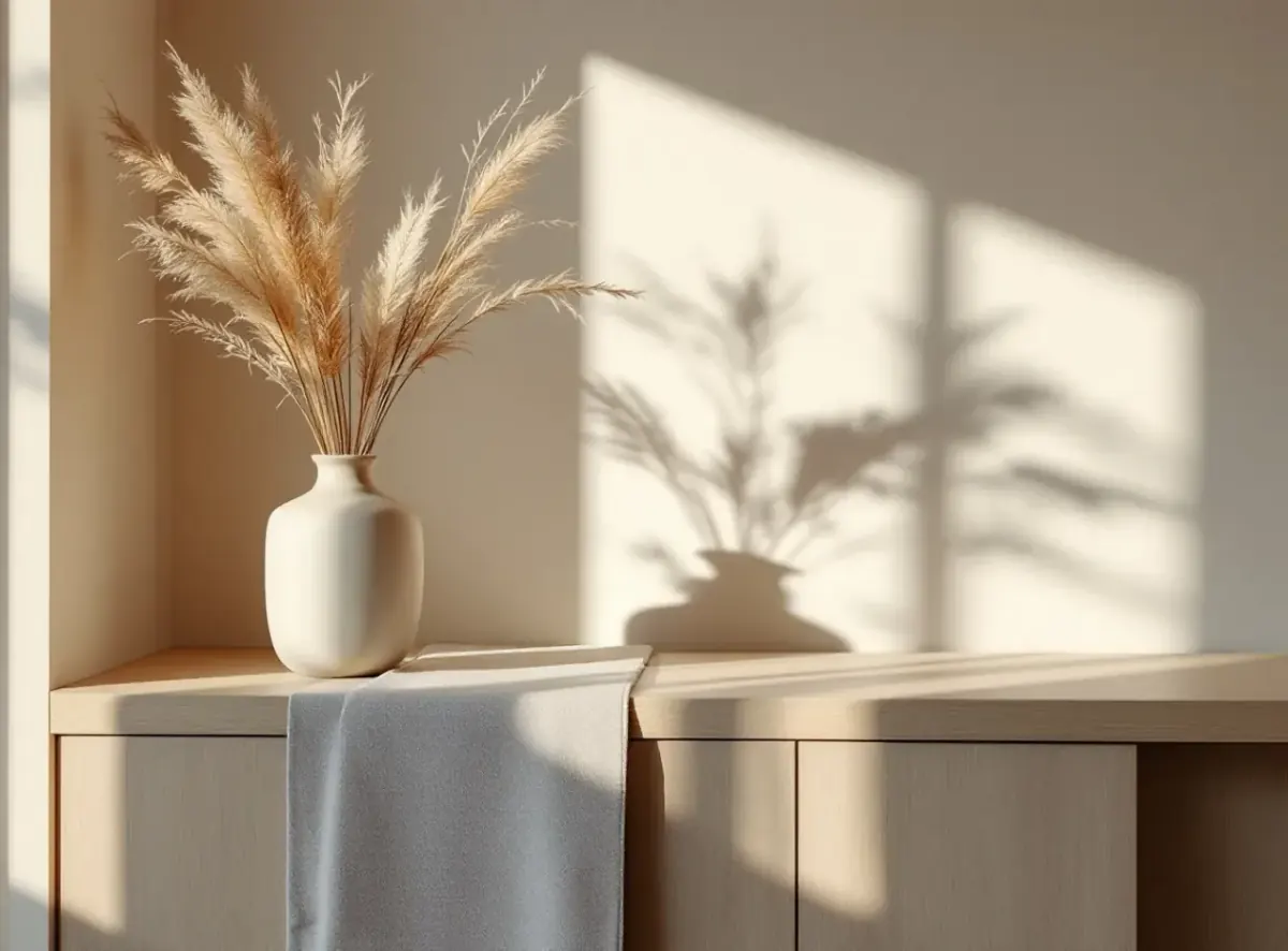 Clinic reception detail with ceramic vase of dried grasses on a pale oak counter in warm light