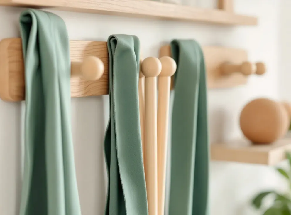 Sage green resistance bands and timber dowels hung neatly on pale oak wall pegs