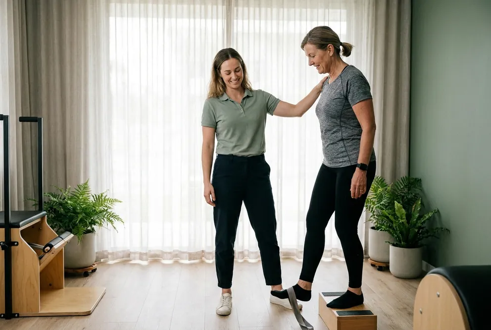Clearwater physiotherapist steadying a patient's shoulder as she steps onto a low timber box during a supervised loading session