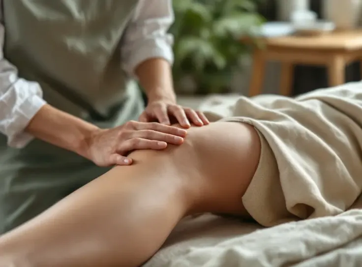 Practitioner's hands performing manual therapy on a patient's knee draped in oat linen