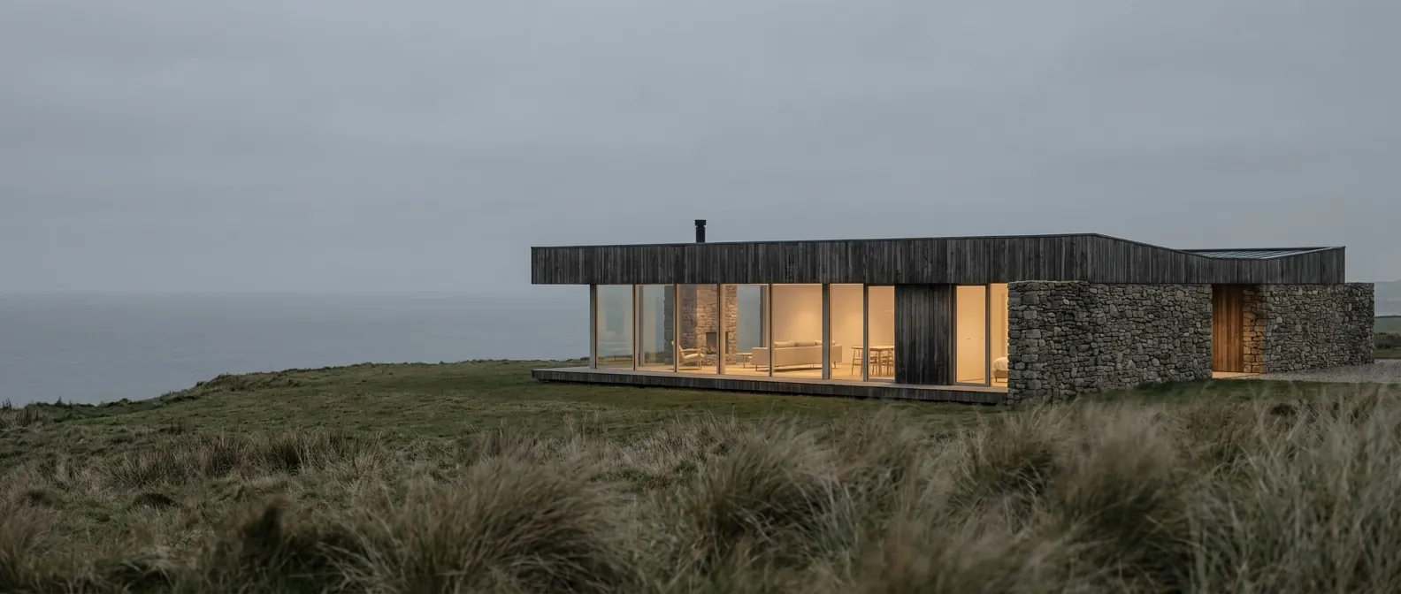 A low house of dark timber and dry stone on a clifftop headland at dusk, lamplight glowing through full-height glazing, sea haze beyond