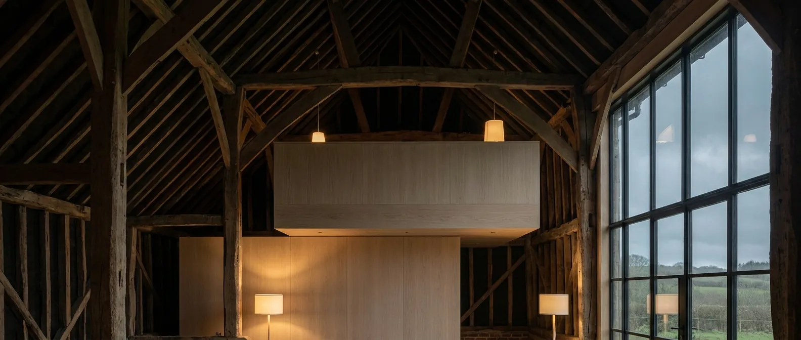 Barn interior with the original oak frame exposed and a new pale timber insert set beneath the dark rafters, lit by low lamps