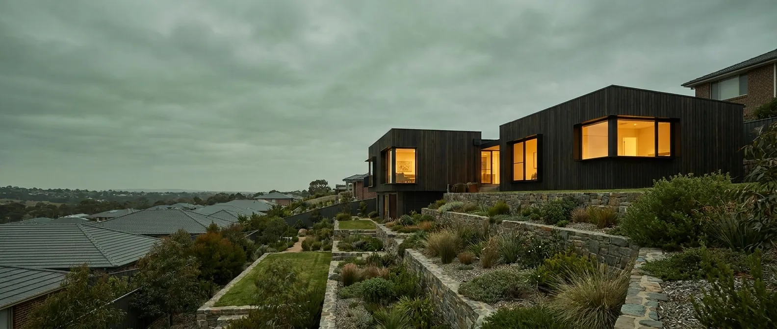 Two dark-clad volumes stepping down a steep suburban block at dusk, terraced stone garden below, rooftops in the valley beyond