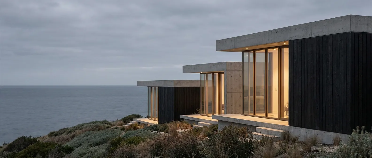 Three flat-roofed concrete and dark timber volumes stepping down a coastal ridge at dusk, glazing softly lit, calm water beyond