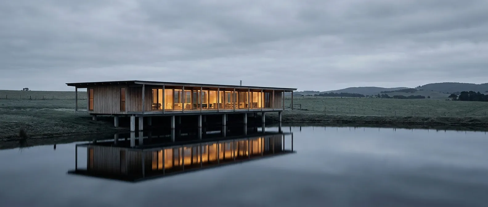 Long timber pavilion carried over a still farm dam on slender concrete blades, warm light in the glazing mirrored in dark water