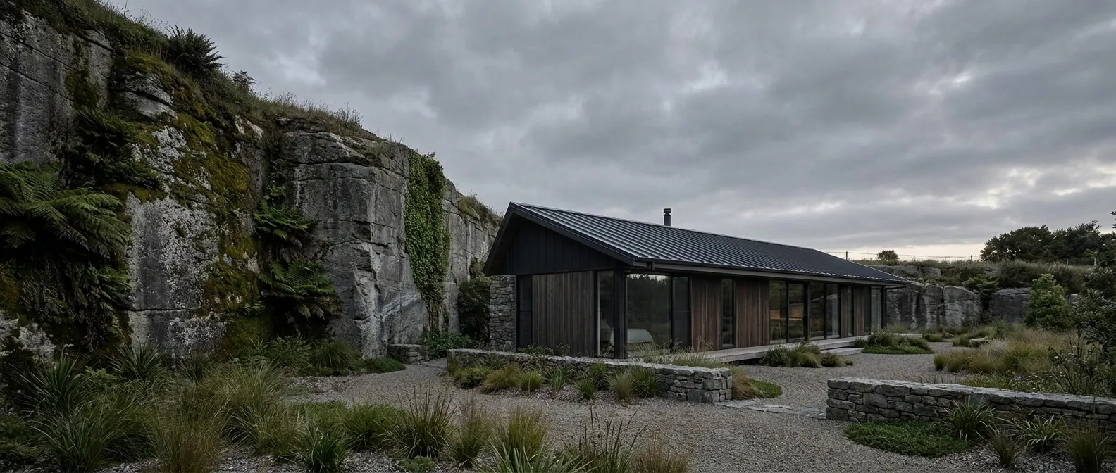 Dark-clad house with a standing-seam roof set on the floor of a disused quarry, mossy rock face rising behind, gravel garden in front