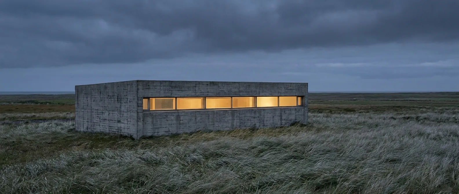 Low board-marked concrete house on windswept coastal grassland, one long ribbon window glowing warm against a darkening sky