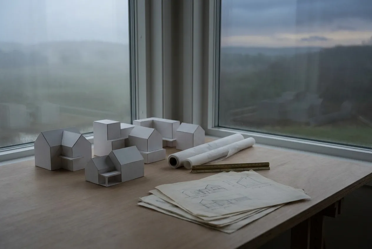 White cardboard massing models, rolled tracing paper and pencil sketches on the studio worktable, hills in dusk haze through the window