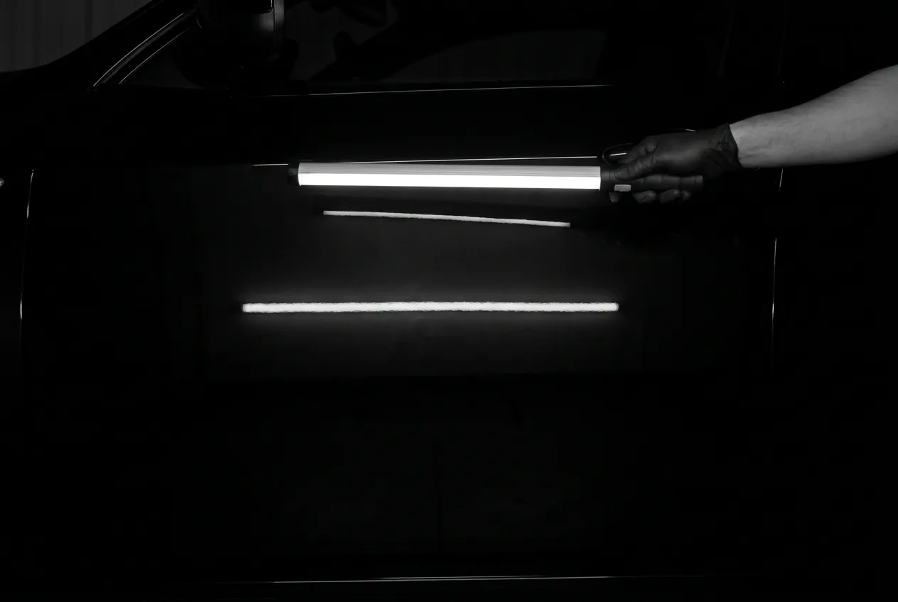 Corrected black door panel: one clean unbroken reflection of the inspection bar, zero defects