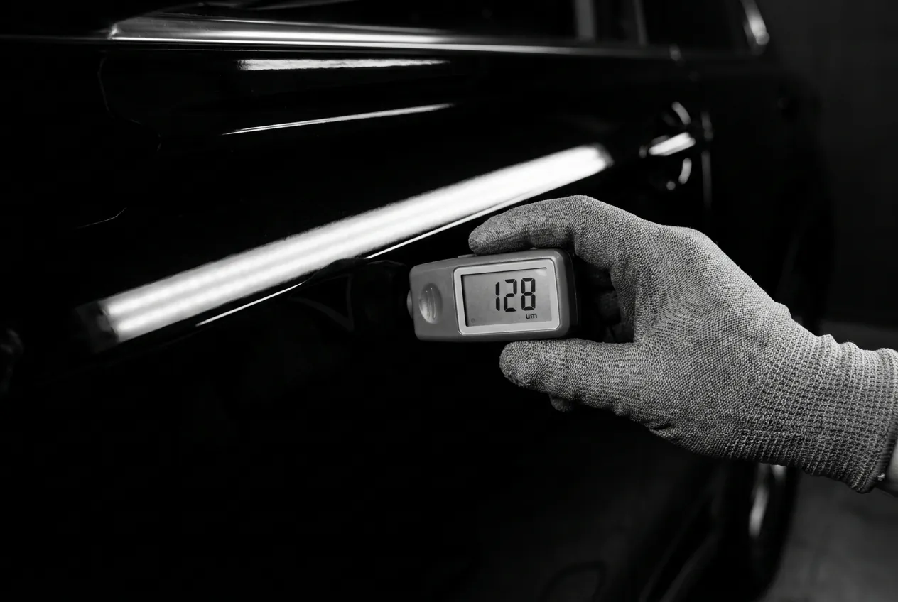 Gloved hand holding a paint thickness gauge reading 128 microns against a black door panel