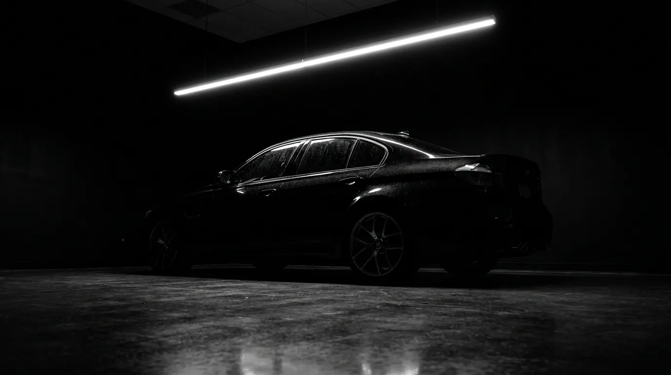 Black sedan under a single LED light bar in the Onyx studio, one unbroken reflection running the length of the body