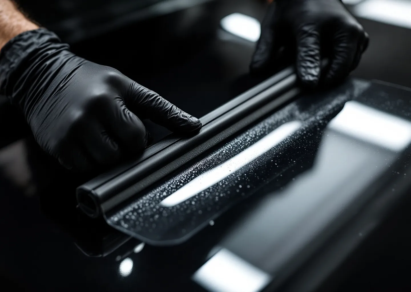 Nitrile-gloved hands squeegeeing a computer-cut paint protection film edge onto a black bonnet