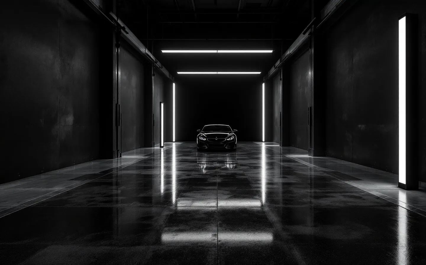 The Onyx studio at night: polished concrete floor reflecting the LED light bars