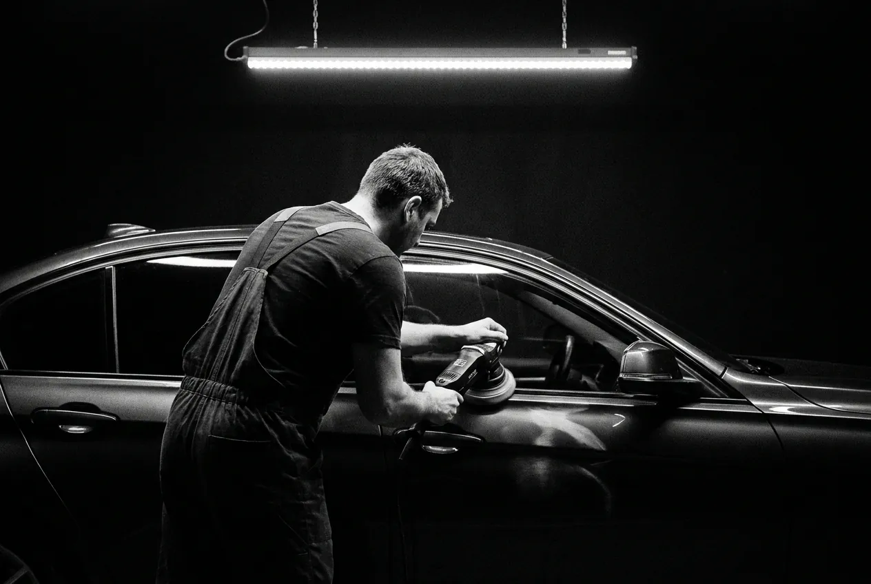 Technician with his back to the camera machine-polishing a black door under the LED bar