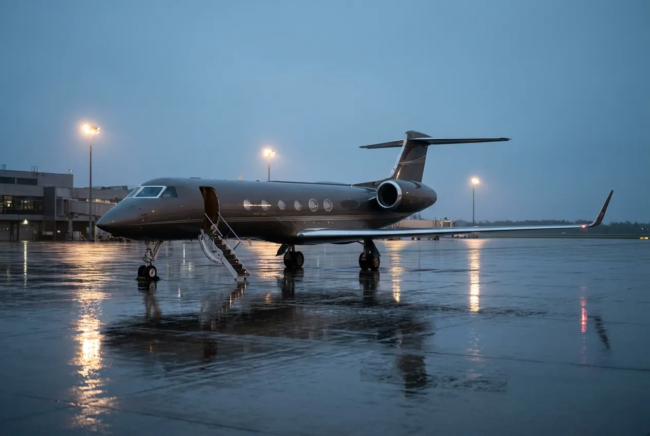 Private jet parked on a wet apron at dusk under floodlights, boarding stairs down