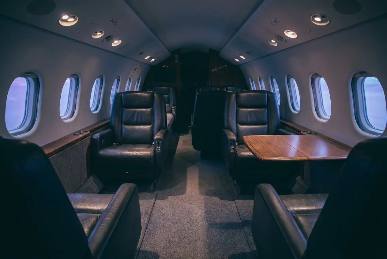 Midsize jet cabin at dusk, empty leather seats lit by cool window light