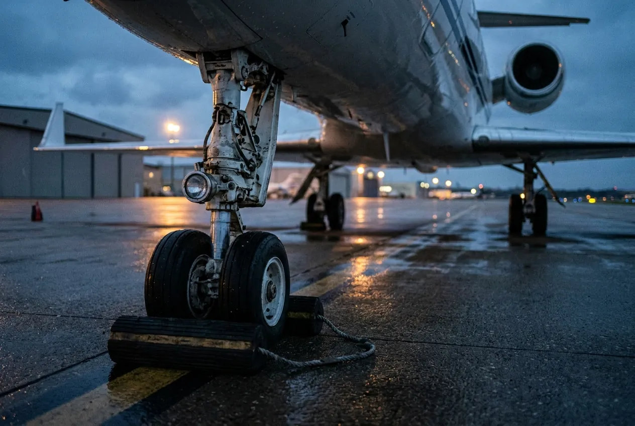 Aircraft nose gear and wheel chocks on wet tarmac under apron floodlights