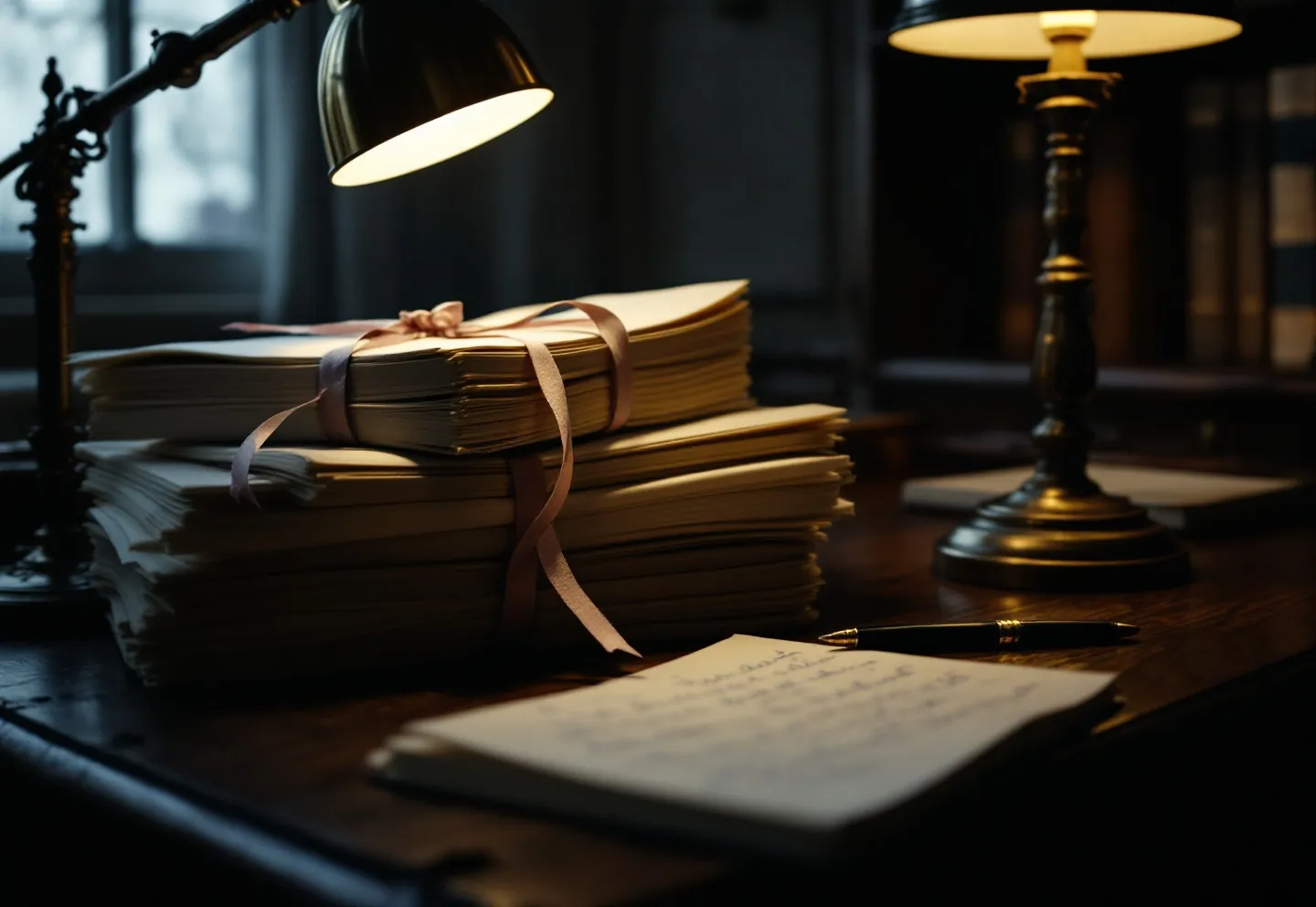 Brief bundles tied in pink tape stacked on an oak desk under lamplight