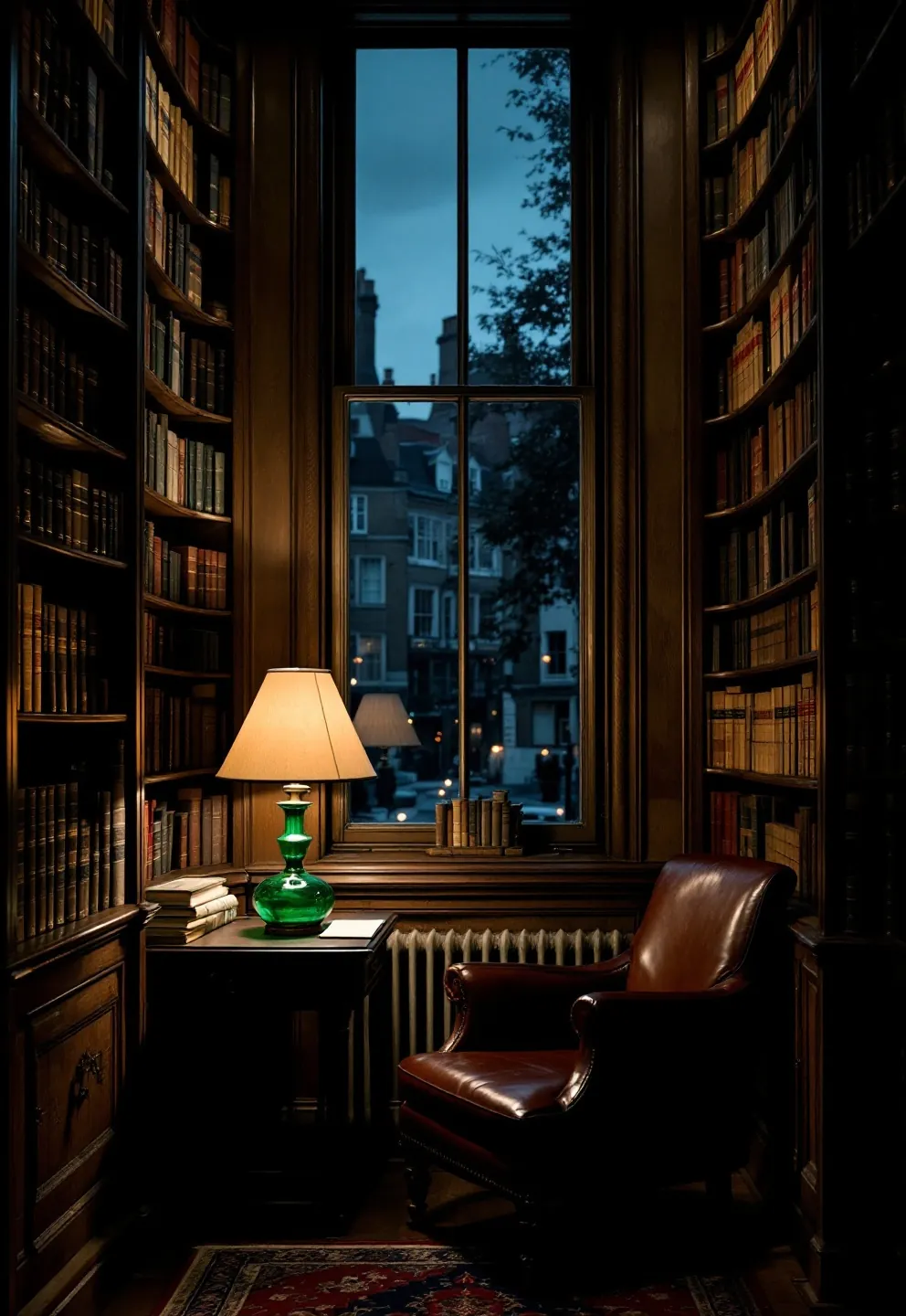 The long room at Havelock Chambers, law reports shelved under a reading lamp