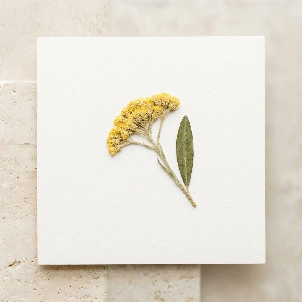 A pressed sprig of immortelle on warm porcelain paper.