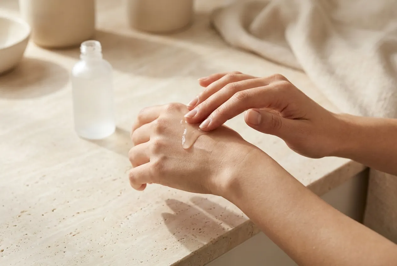 A pair of hands pressing serum into the skin in soft daylight.