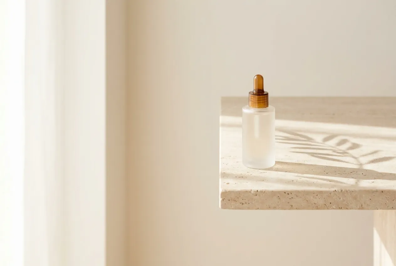 A frosted-glass serum bottle with an amber dropper on a pale travertine ledge.