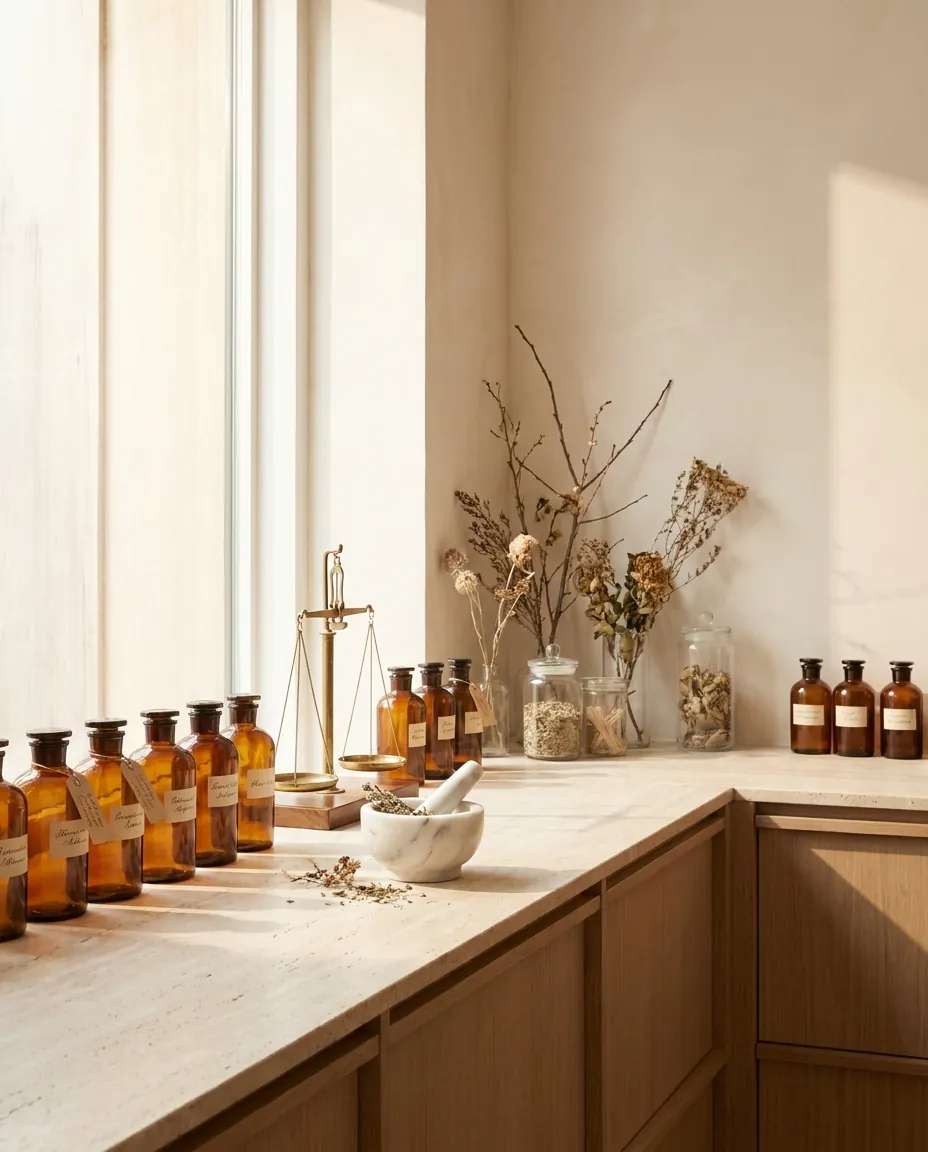 A sunlit apothecary workbench: amber bottles, a brass scale, a marble mortar and pestle.
