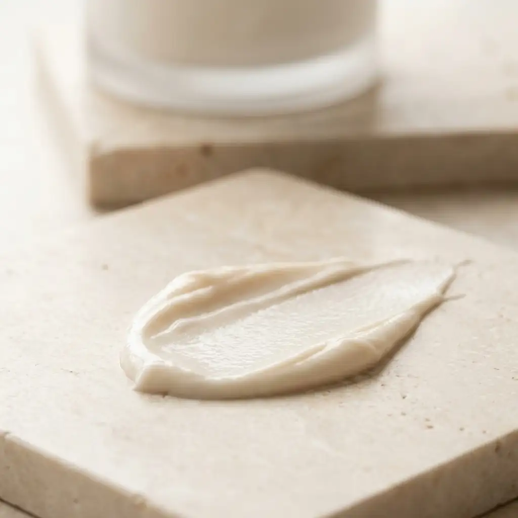 A swatch of milky cleanser on warm porcelain.