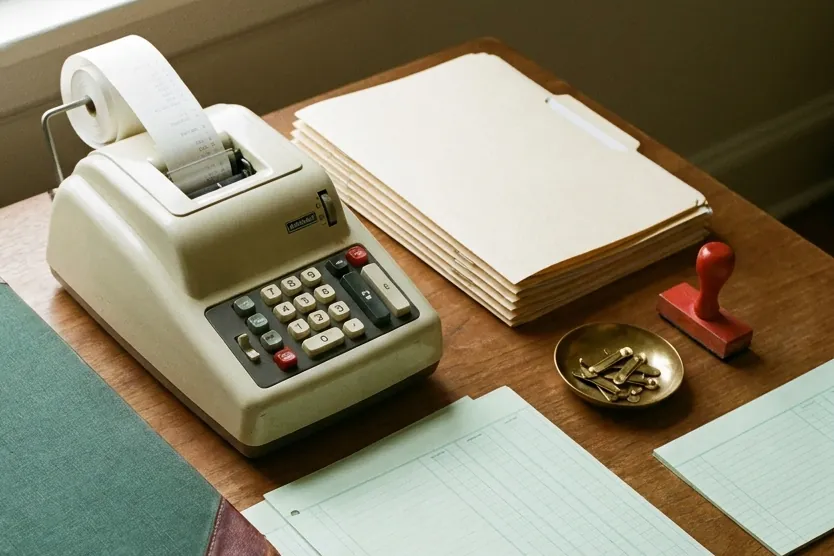 The studio adding machine, tape curling, morning light from the left