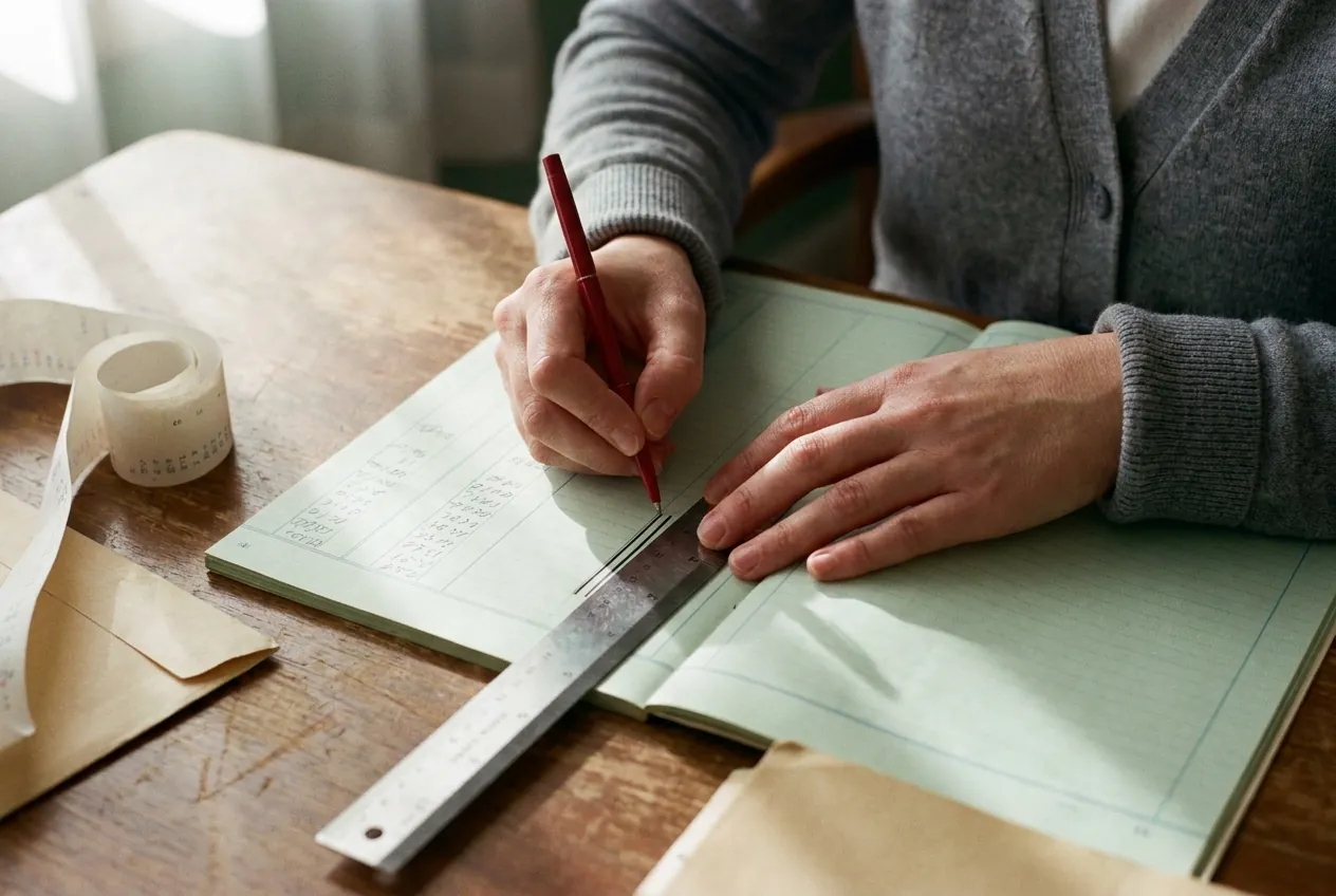 Hands ruling off a ledger page at the studio desk