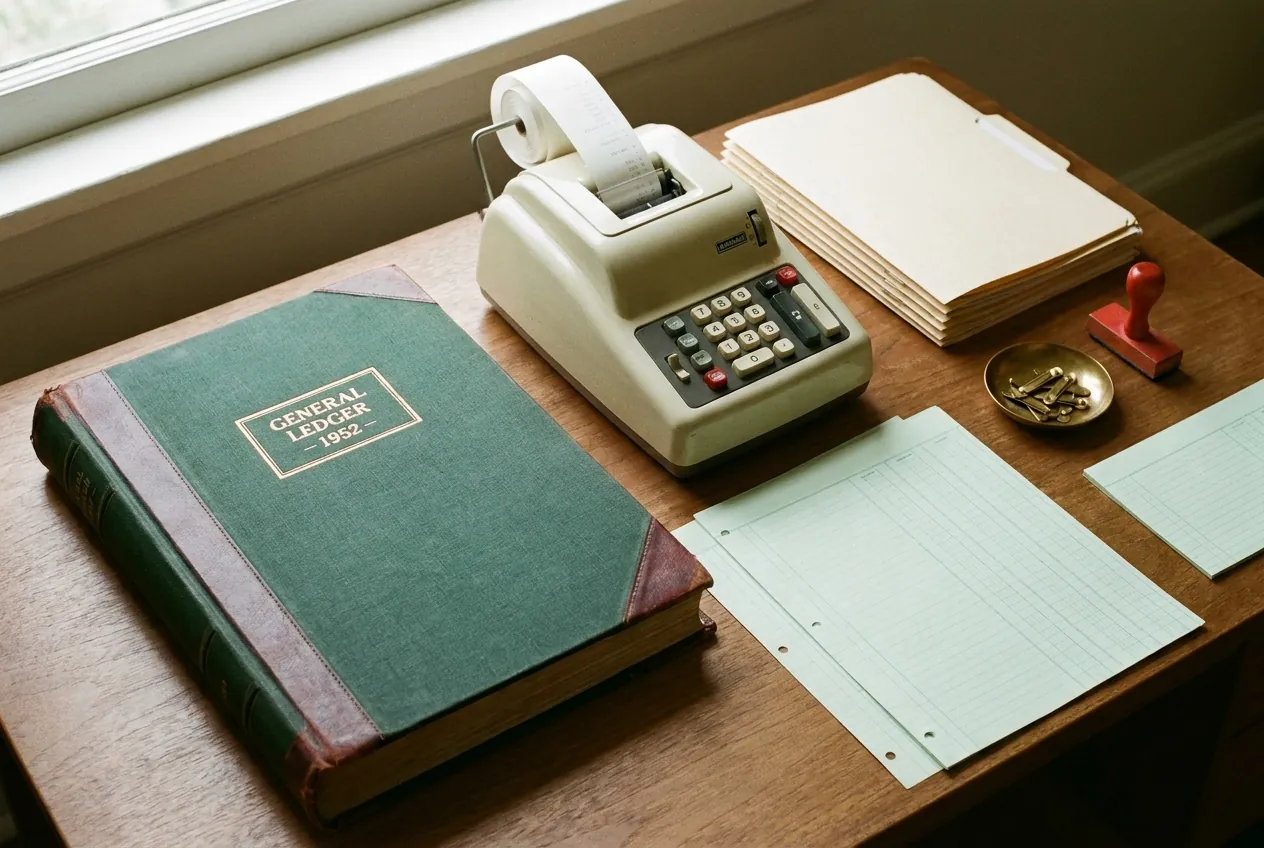 The Neat Figures desk: ledger, adding machine and stamps squared up in north-window light
