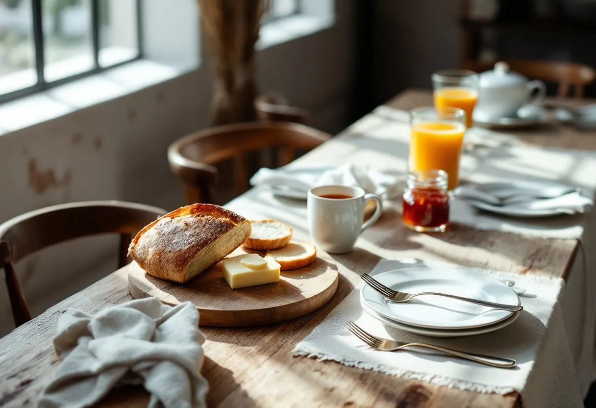 Breakfast laid on the long oak table — sourdough, butter and jam in the morning window light