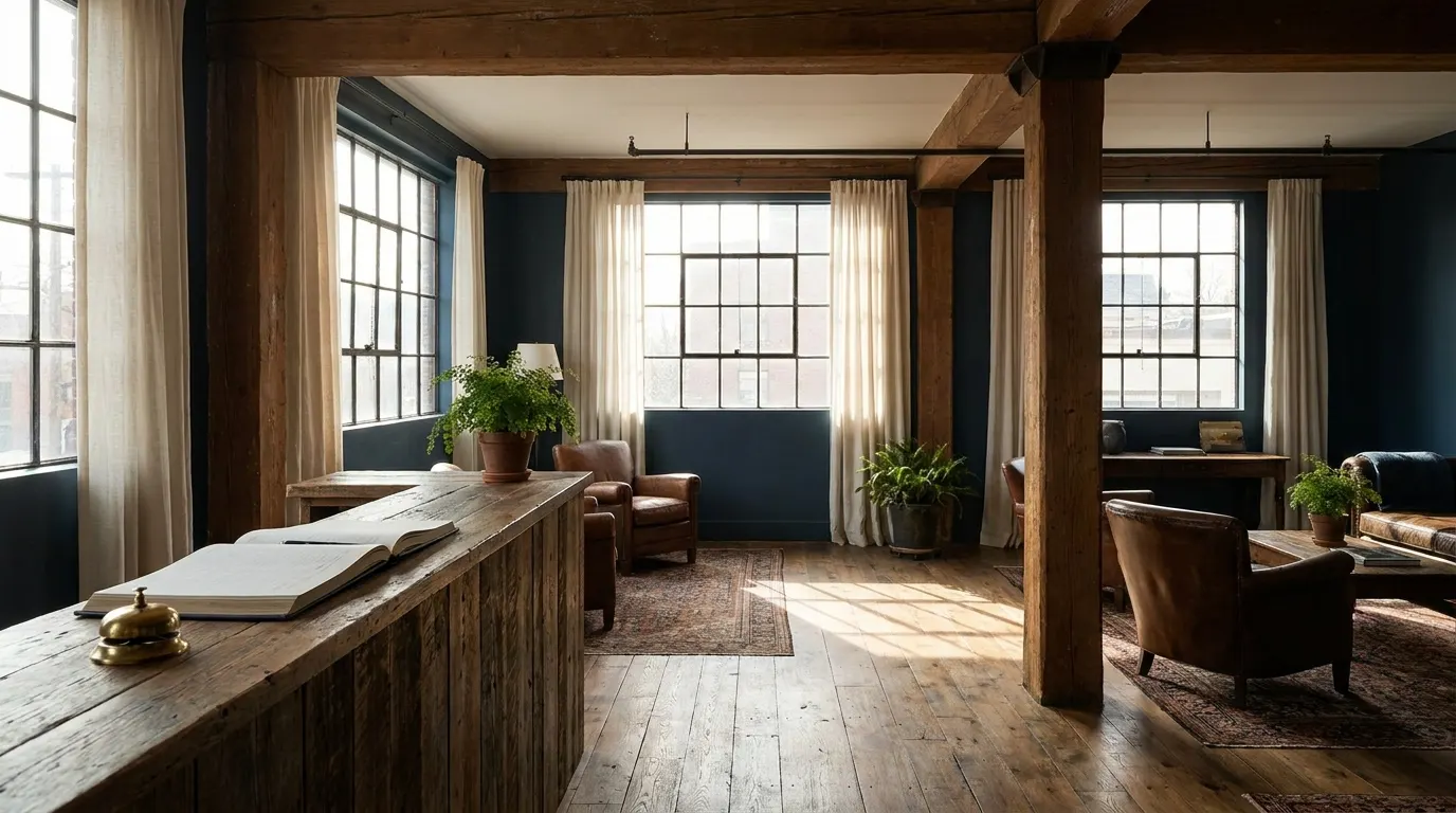 The Hinoki House lobby — original timber beams, tall windows and the open guest register on the desk