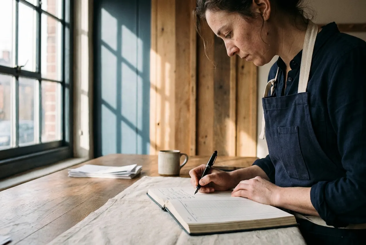 Mara Ishida writing the morning's entries into the guest register at the tally-office desk