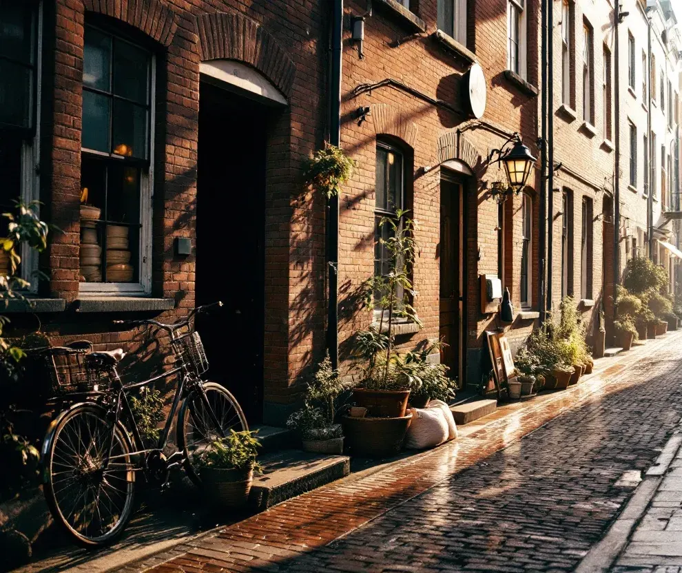Tannery Lane in the early morning — brick walls, bicycles and the roastery's sacks
