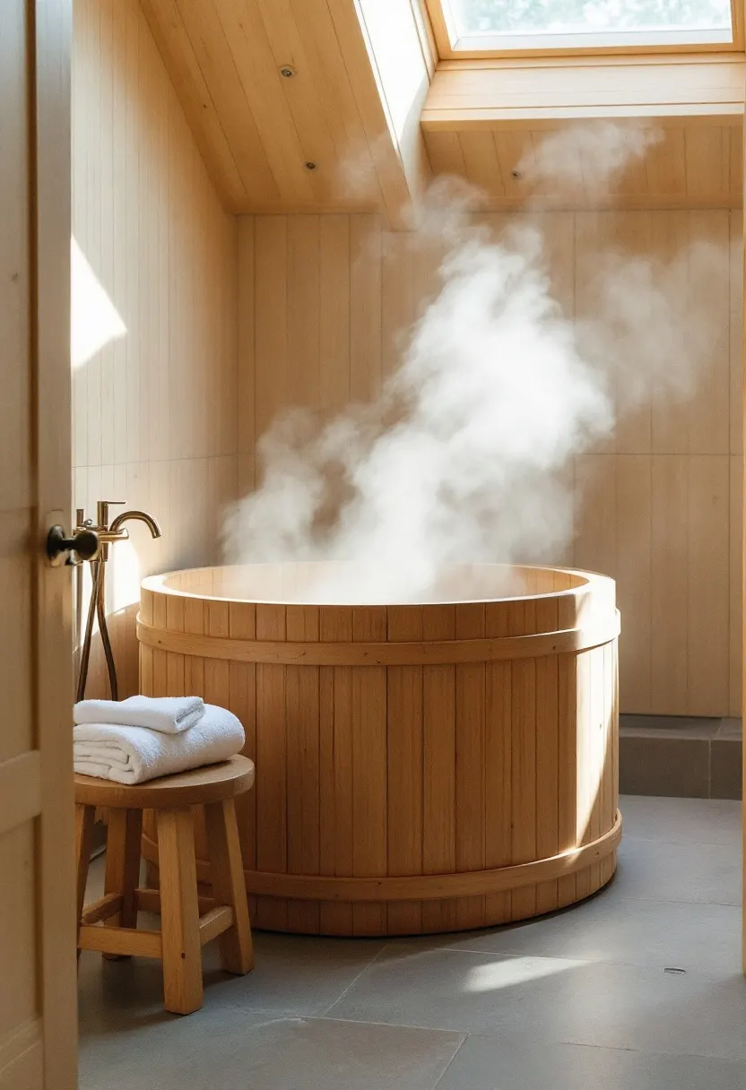 The Kiln Suite — hinoki cypress soak tub under the skylight
